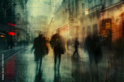 Abstract blurred silhouettes of people in rain on night street in impessionist style. Concept of modern city for a poster, for music album or book covers