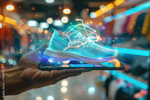 Hand holding mobile phone, augmented reality shopping app projecting holographic shoes in midair , 3D illustration