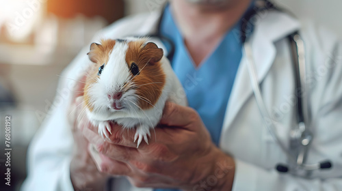 a male excotic pet vet holding a guinea pig bokeh style background