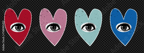 Set of collage elements of hearts. Valentine's day art with eyes. Quirky odd art. Vector paper and halftone texture