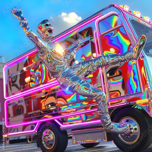 goofy caricature silver reflecting ultraman dancing up upon a bossa nova advertising truck