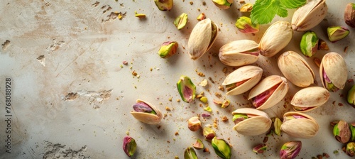 Elegant pistachios arrangement on white table with generous room for adding text or design elements