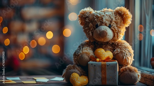 A cozy teddy bear holding a heart and gift box, with a warm bokeh light background, evoking feelings of love and comfort.