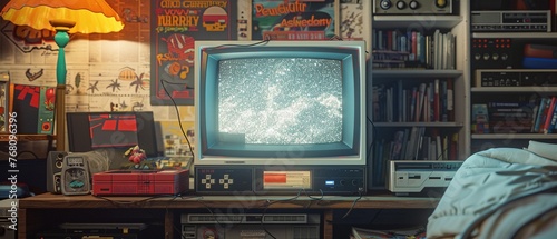 A game console from the 80s sits beside an old TV, surrounded by vintage memorabilia The room is adorned with posters and knickknacks from the era, creating an immersive retro atmosphere