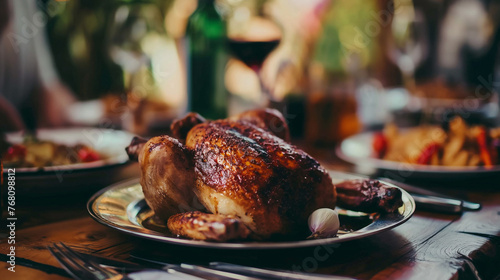 prato de frango assado em um mesa no fundo desfocado