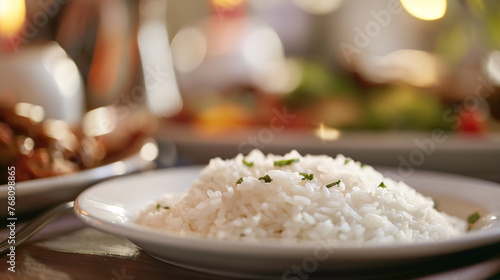  prato de arroz em um mesa no fundo desfocado