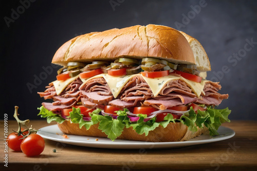 A huge delicious sandwich with meat on a plate. A giant multi-story hearty burger, meat, cheese, pickles, lettuce and tomatoes.