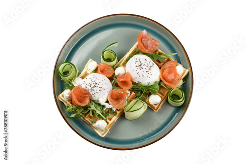 waffle with egg, fish and herbs, cut out, top view