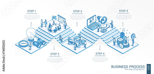 Business process isometric concept. Connected line 3d icons. Integrated 5 step infographic system. People teamwork office. Strategy management, partner meeting. Plan, goal, vision, market growth idea