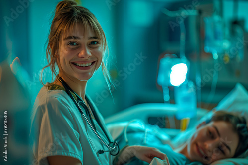 Healthcare Professional: Young and Friendly Female Doctor or Nurse Providing Examination and Support hospitalized patient