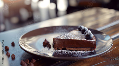 prato de bolo de chocolate em um mesa no fundo desfocado