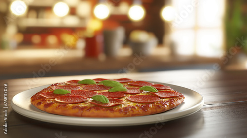 prato de Piza de pepperoni em um mesa no fundo desfocado