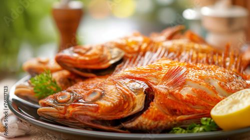 prato de peixe frito em um mesa no fundo desfocado