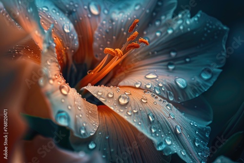 Orange flower with dew drops underwater, amidst abstract blue light and green macro patterns, creating a beautiful floral fantasy