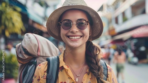 Young attractive smiling woman wearing a straw hat and sunglasses. She is standing in a street with a backpack on her shoulder.