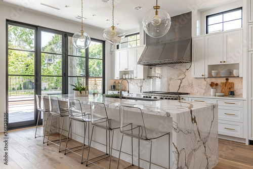 Design a modern kitchen with a marble waterfall island countertop, complemented by transparent acrylic chairs and a statement pendant light fixture inspired by organic forms