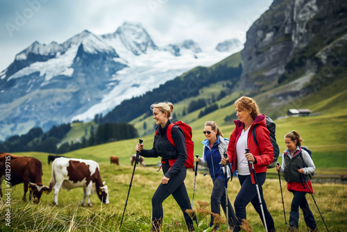 Advertising for active vacation and lifestyle, middle-aged tourists doing Nordic walking while on vacation walking along a green beautiful alpine meadow