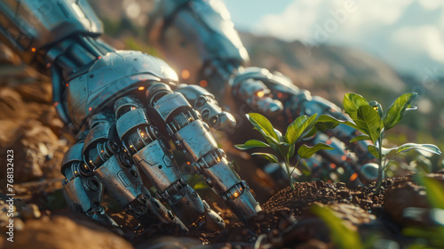 An impactful image displaying robotic hands gently planting seedlings in soil, symbolizing the crossover of automation in agriculture