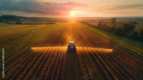 Rural care: Aerial view shows crop spraying in tranquil farmland.