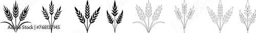 Bunches of wheat or rye ears with whole grain. Wheat wreaths and grain spikes set icons. Vector illustration