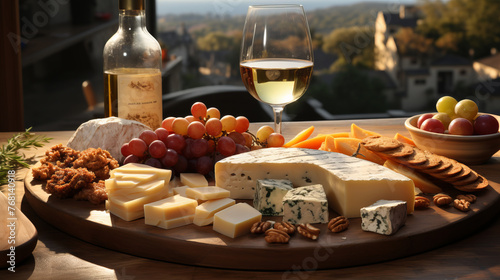 Wine and Cheese Pairing: Glass of wine and cheese served with fruits and nuts on wooden board.