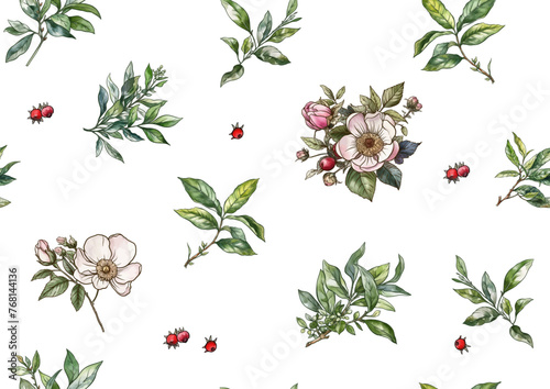 Green tea branch with leaves and wild rose flowers and berries. Seamless pattern, background. Vector illustration. In botanical style