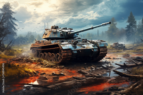 Tank on a battlefield. World War II. Third World War. War between countries. Turf war. Land Force. Army battalion. Military service. Enlistment in the army. Recruitment in the army.