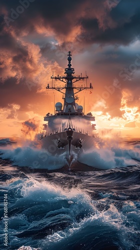 Naval Destroyer Surges Forward at Dynamic Sunset Angle