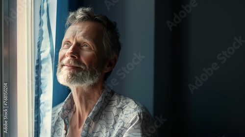 Portrait of a widower man looking up and and out a window