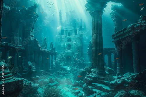 Undersea adventure, ancient ruins and exotic fish in coral reef , blender