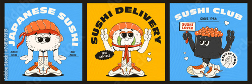 Posters with cool sushi and roll characters. Trendy retro groovy style. Sushi deliver. Bar, restaurant mascots.