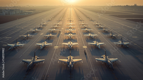 An expansive military airfield viewed from above, rows of sleek fighter planes aligned neatly on the tarmac, ready for immediate takeoff.