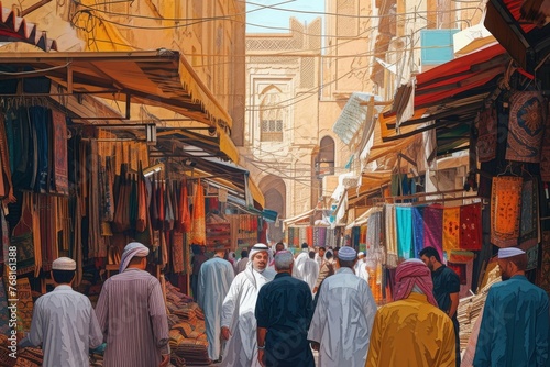 A group of men walking together down a bustling street lined with various shops and stores, Vibrant colors of a bustling Islamic Souk (marketplace), AI Generated