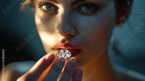 A woman with red lipstick holding a diamond close to her face.