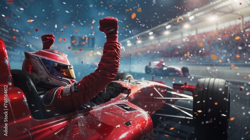 Male racer athlete celebrating winning victory in car race championship. Generated AI image