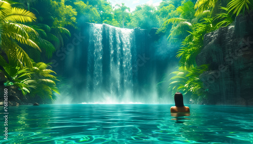 Secluded Waterfall Oasis in a Dense Tropical Forest. Tropical resort natural pool
