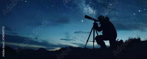 Silhouette of an amateur astronomer using a telescope to explore the starry night sky. Concept of discovery, astronomy, and science.