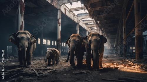 Elephants in Abandoned Buildings. Elephants in a dark.