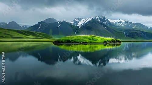 A lake surrounded by green mountains with snow capped peaks in the distance and an island covered in grass. Lake in the mountains. Icelandic scenery tranquillity beautiful mountain lake landscape