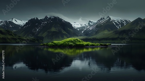 A lake surrounded by green mountains with snow capped peaks in the distance and an island covered in grass. Lake in the mountains. Icelandic scenery tranquillity beautiful mountain lake landscape