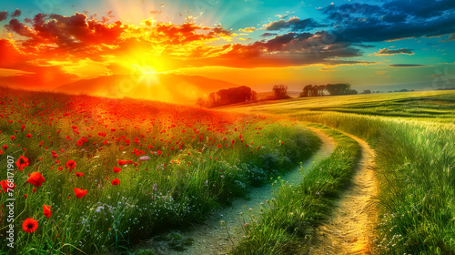 Winding Path Through Colorful Summer Fields at Sunset. A beautiful flowers field with a road running through it. Nature landscape
