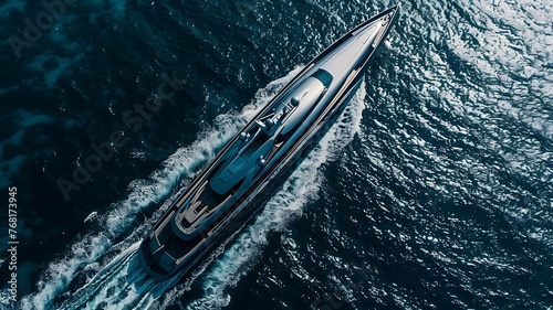Modern grey luxury yacht sailing in the ocean. Concept of lifestyle, adventure activity, beautiful nature and freedom. Oceanic opulence & leisure unleashed.