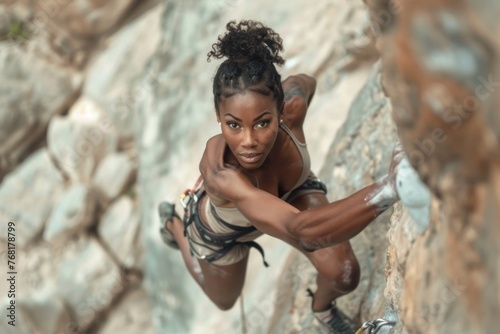 Determined African American woman rock climbing outdoors.