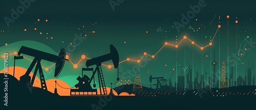 Oil industry economy crisis, oil market prices drop concept. Oil pumps, drilling derricks from oil field silhouette at sunset. Crude oil industry, petroleum production 3D background with pump jacks