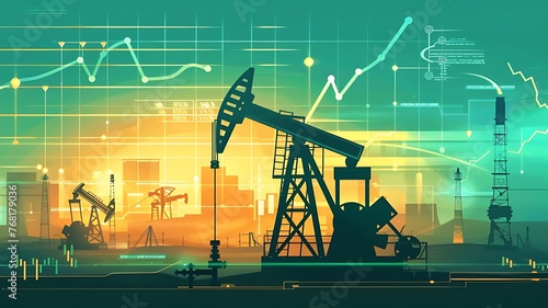 Oil industry economy, oil market prices drop concept. Oil pumps, drilling derricks from oil field silhouette at sunset. Crude oil industry, petroleum production background with pump jacks, drill rigs