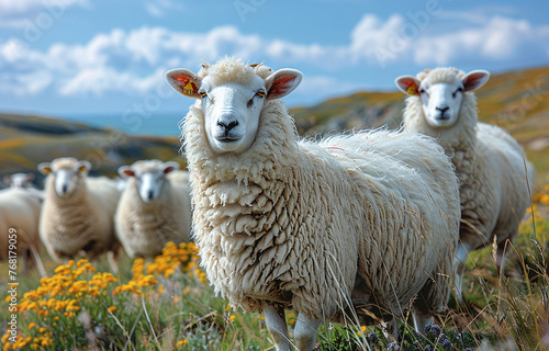 Flock of sheep standing in a field with yellow flowers and a blue sky in the background.