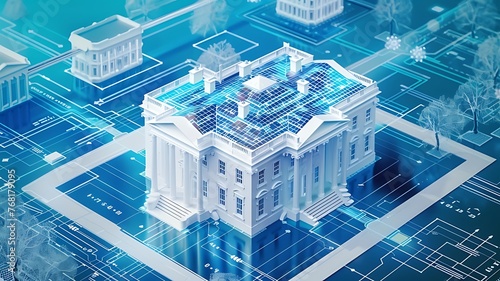 The White House at day, Washington DC, USA. Executive branch. President administration. Artificial Intelligence concept, hologram. AI, machine learning, neural network, robotics. Generative AI