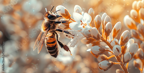 Honeybee collecting nectar from white flowers with a warm, golden sunlight background.
