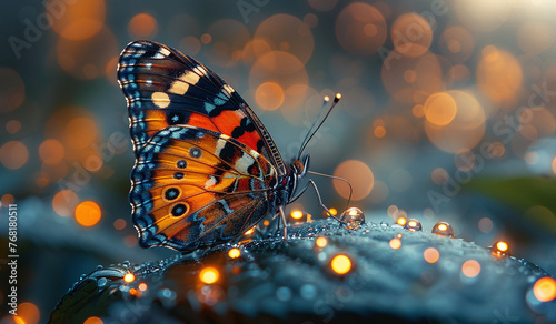 Vibrant butterfly on dewy surface with soft bokeh background.