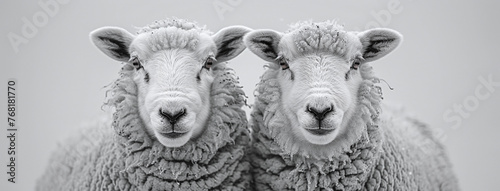 Two sheep facing forward with a symmetrical composition, in black and white.